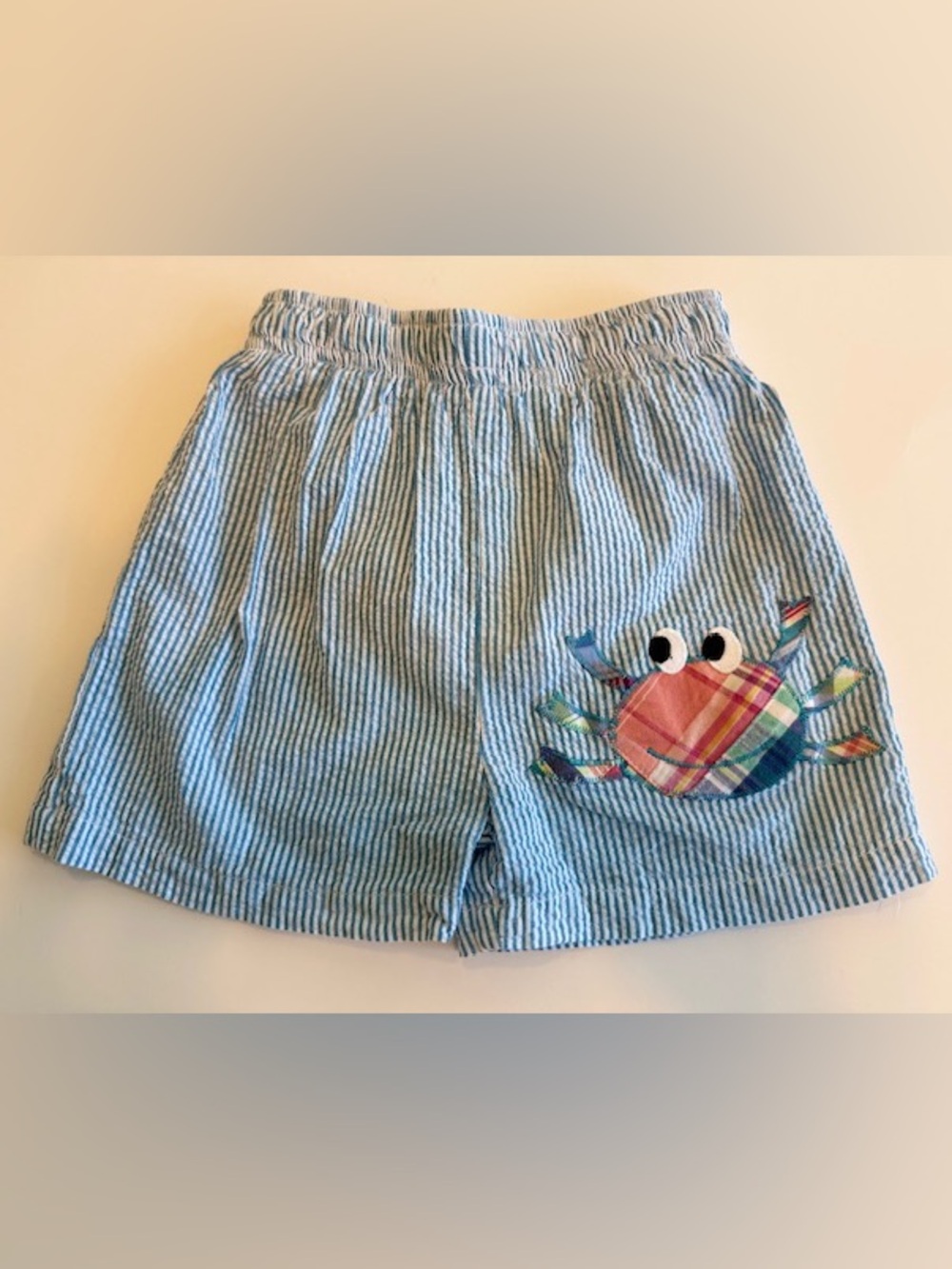 Funtasia blue white seersucker toddler swim trunks  Size 4T Cute crab